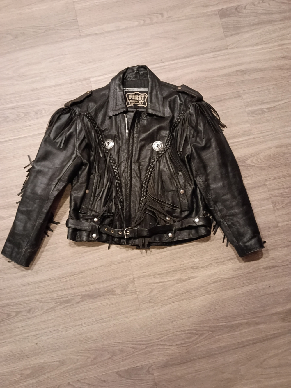 First Black Leather Fringe Jacket with Braided Accents